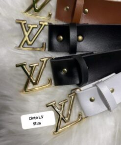 Cinto Feminino Estilo Louis Vuitton Couro Monograma Fivela LV