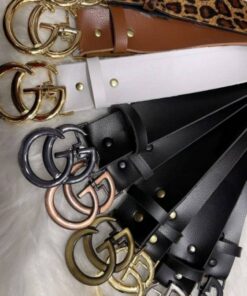 Cinto Feminino Estilo Gucci GG Couro Fivela Dourada Logo Classico