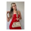 Clutch Bolsa Festa Brilhante Pedrarias Logo V Metal Dourado