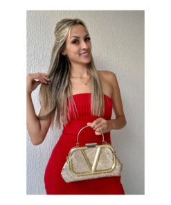 Clutch Bolsa Festa Brilhante Pedrarias Logo V Metal Dourado