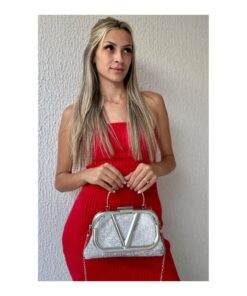 Alternative view of Clutch Bolsa Festa Brilhante Pedrarias Logo V Metal Dourado